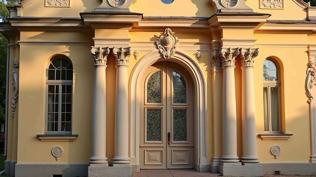 Barokā stila fасāde ar ornamentālu dekoru, izliektas līnijas un vidējās 18. gadsimta detaļas